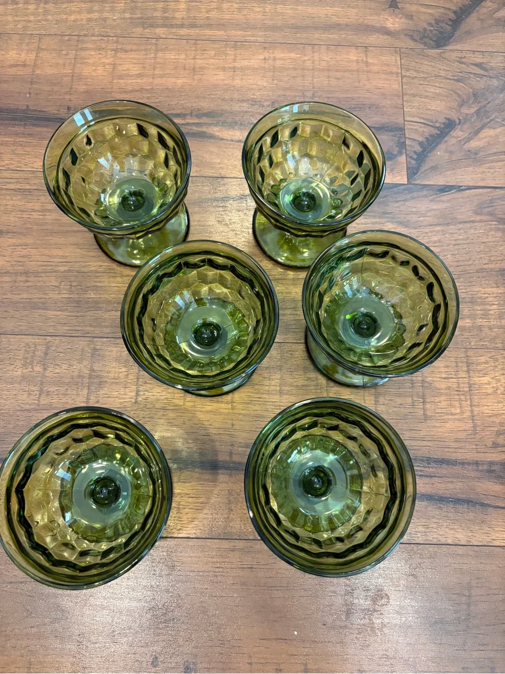 Vintage Indiana Glass Whitehall Avocado Green Cubist Sherbet Dessert Glasses 6